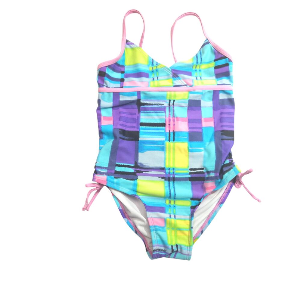 Beach Native Girls Plaid One Piece Swimsuit Size 8 Blue Pink Purple Geometric